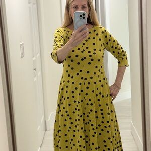 Polka Dot Cotton A-Line Dress - Yellow and Black, stretchy with a crew neck